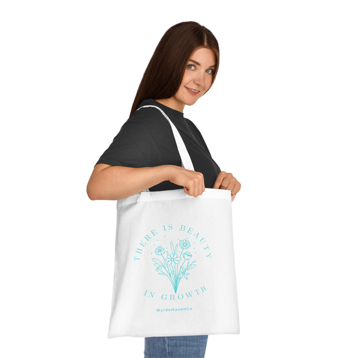 Floral cotton tote bag with "There Is Beauty In Growth" inspirational message, eco-friendly printify bag for daily use.