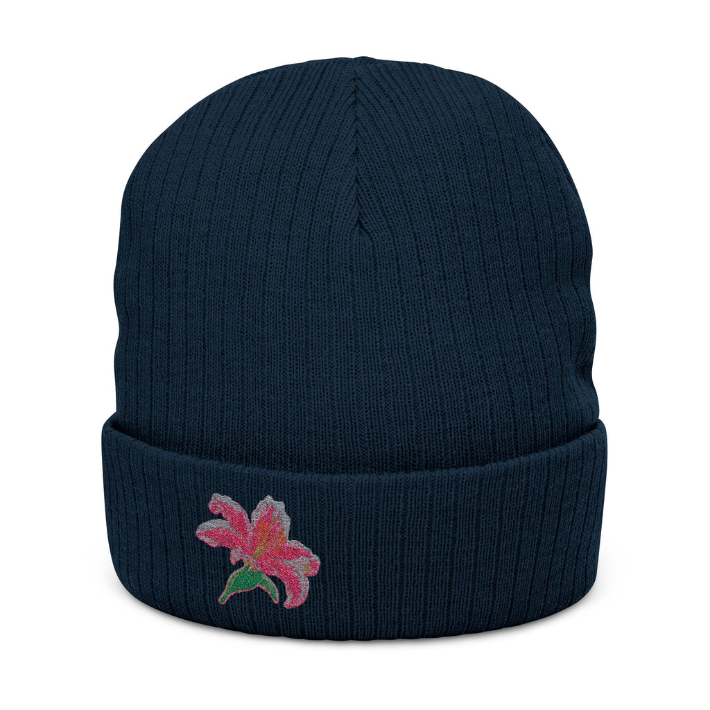 Embroidered Lily Beanie Hat by WyldeHaven, soft knit winter hat with floral embroidery, unisex and perfect for everyday wear.