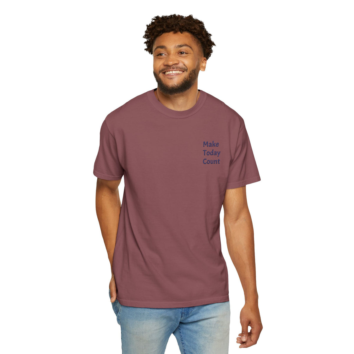Minimal black Make Today Count T-Shirt by Printify featuring inspirational quote on the pocket, casual and comfortable design.