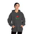 Red hoodie by Printify featuring embroidered red poppy floral design on the front, casual and comfortable clothing.