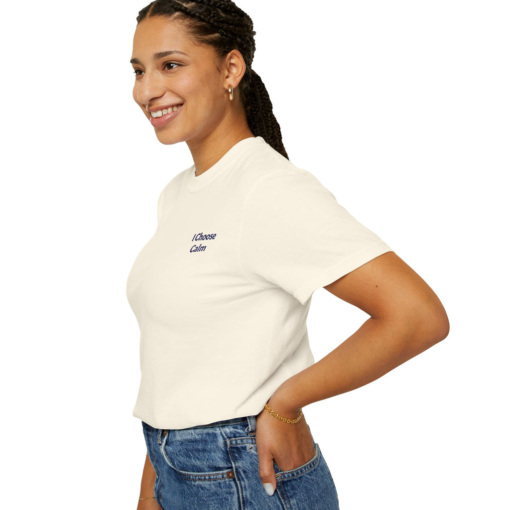 White I Choose Calm T-Shirt by Printify featuring minimalist relaxation design on soft cotton fabric.