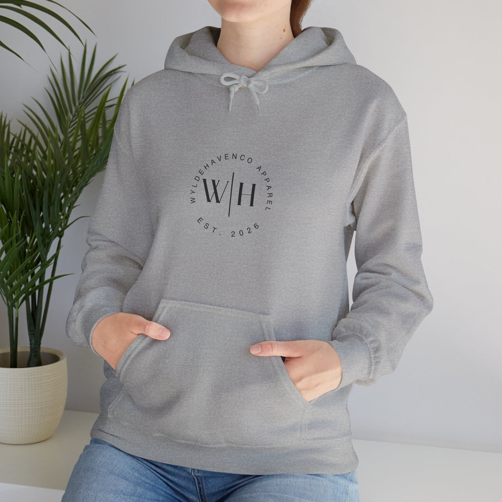 Gray Monogram Circle Hoodie by WyldeHaven Apparel featuring Est. 2026 logo and printed branding on soft sweatshirt fabric.
