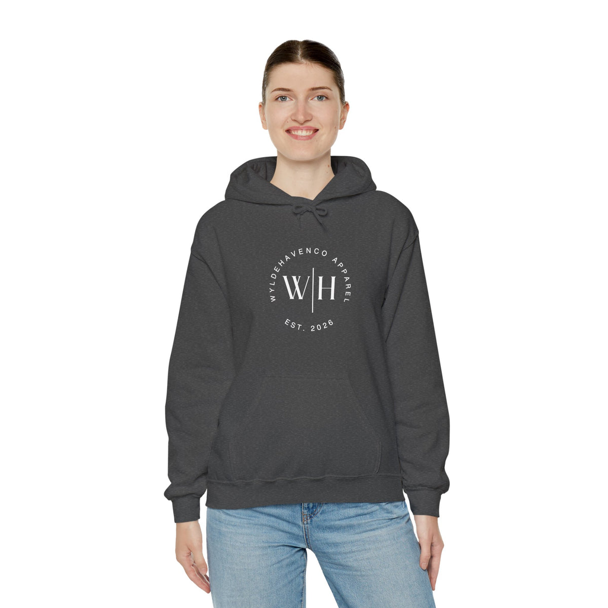 Gray Monogram Circle Hoodie by WyldeHaven Apparel featuring Est. 2026 logo and printify branding on soft sweatshirt fabric.