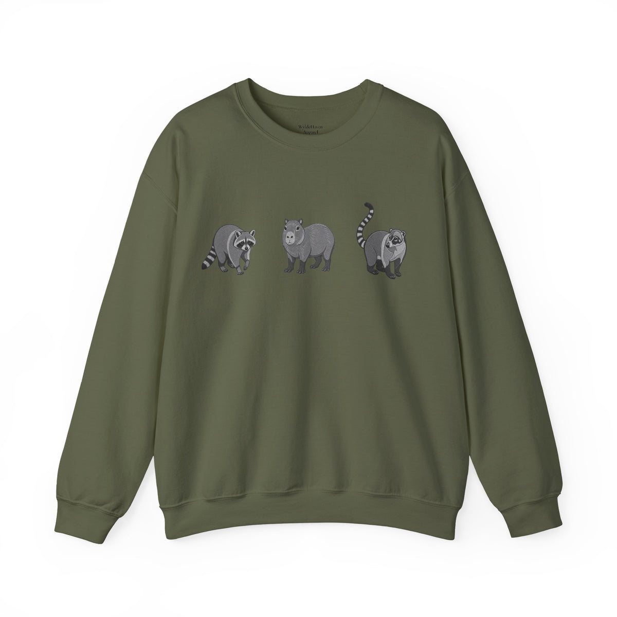 Wildlife Trio graphic sweatshirt featuring raccoon, capybara, and coati images from Wyldelife Collection by Printify.