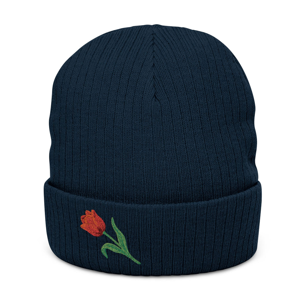 Soft knit embroidered tulip beanie hat with floral design, unisex winter hat from WyldeHaven Apparel, featuring colorful embroidery.