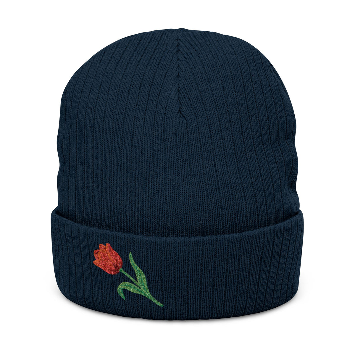 Soft knit embroidered tulip beanie hat with floral design, unisex winter hat from WyldeHaven Apparel, featuring colorful embroidery.