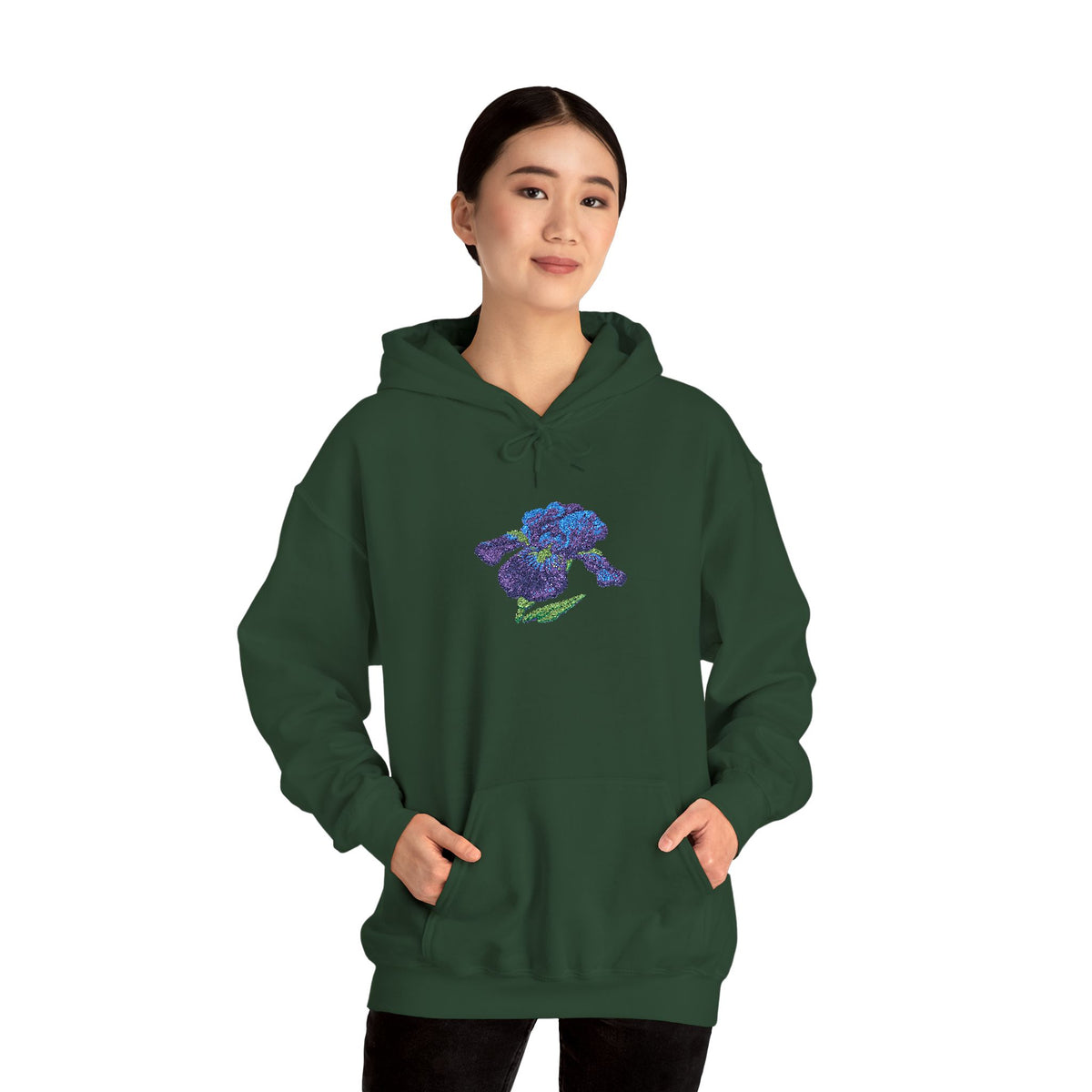 Embroidered iris flower hoodie by Printify featuring a center front floral embroidery on a soft, casual hoodie.