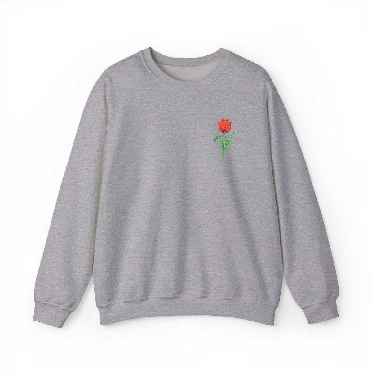 Unisex embroidered tulip sweatshirt with floral design on the left chest, featuring comfortable fabric and stylish print by Printify.
