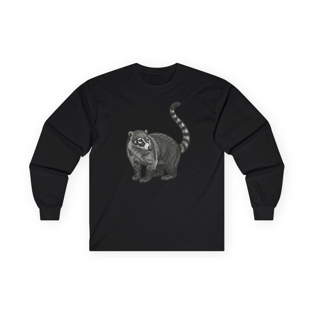 Coati Wildlife Graphic Long Sleeve T-Shirt from WyldeLife Collection by Printify, featuring a detailed coati illustration on soft fabric.