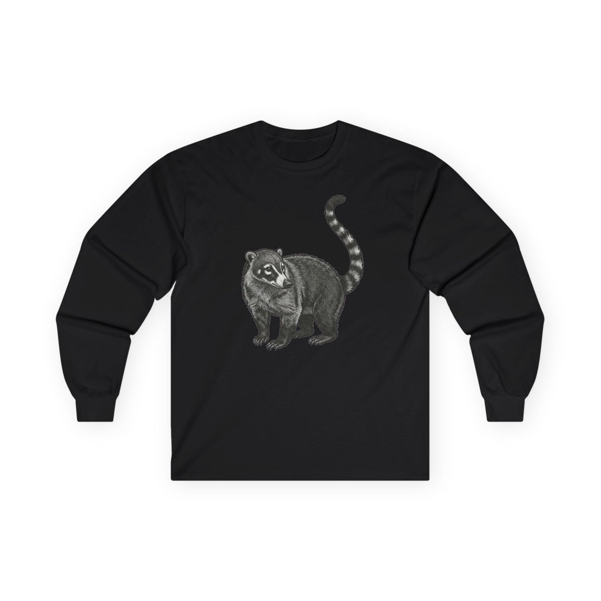 Coati Wildlife Graphic Long Sleeve T-Shirt from WyldeLife Collection by Printify, featuring a detailed coati illustration on soft fabric.
