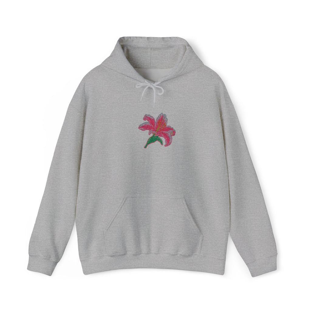 Printify embroidered lily flower hoodie with a center front floral design, featuring colorful floral embroidery on a comfortable hoodie.