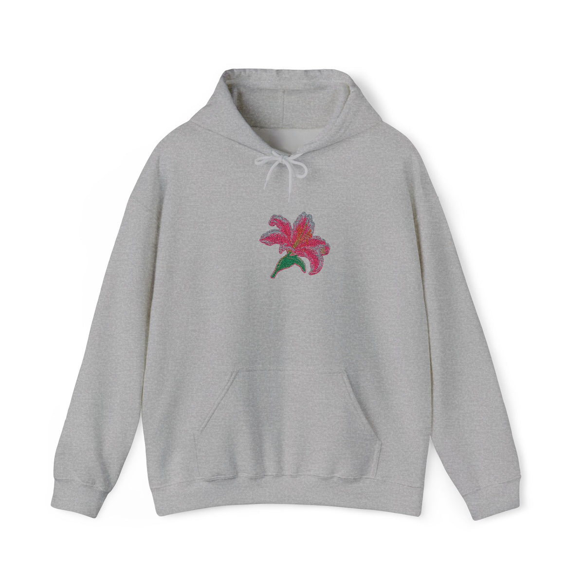 Printify embroidered lily flower hoodie with a center front floral design, featuring colorful floral embroidery on a comfortable hoodie.