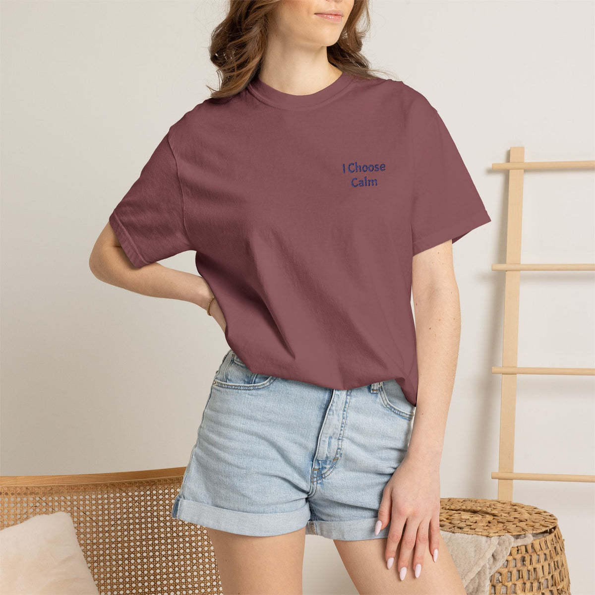 Light gray I Choose Calm T-Shirt by Printify featuring minimalist relaxation design on soft cotton fabric.