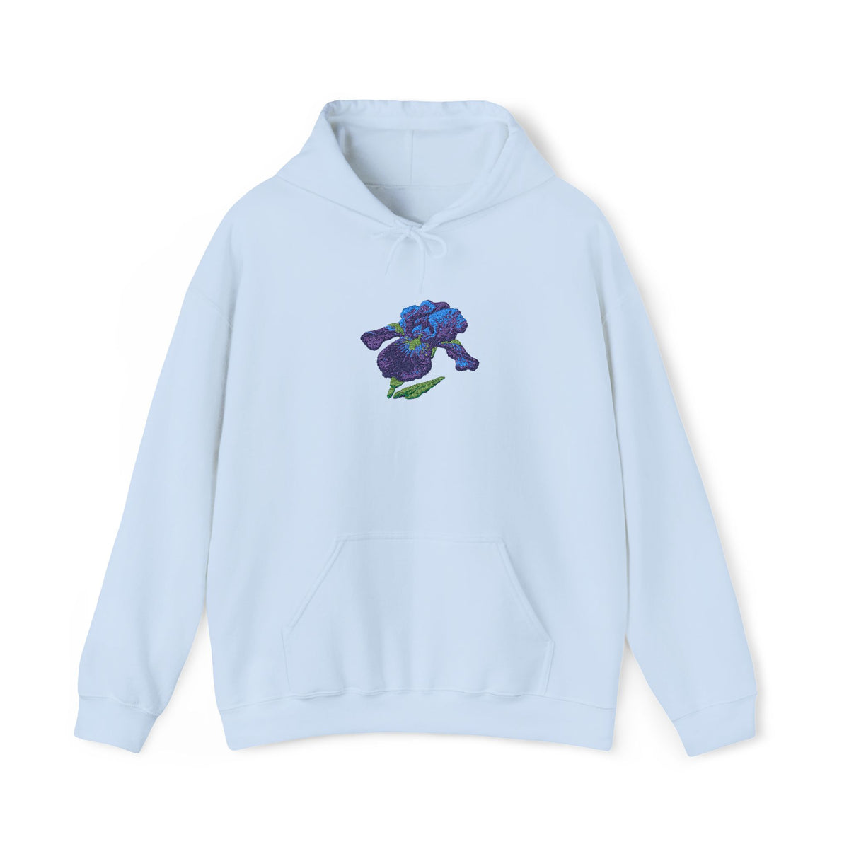 Printify embroidered iris flower hoodie with a center front floral design on a soft fabric hoodie.
