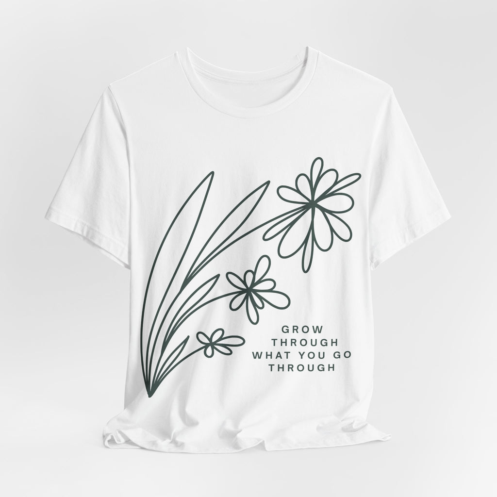 Printify floral inspirational graphic T-shirt with "Grow Through What You Go Through" message on a casual cotton tee.
