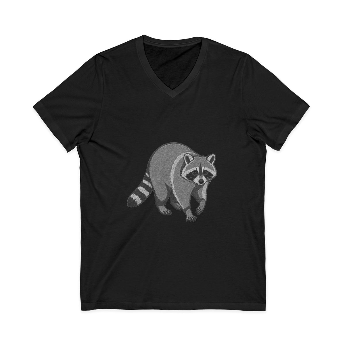 Raccoon V-Neck T-Shirt by Wyldelife Wildlife featuring a detailed raccoon graphic on a casual black tee.