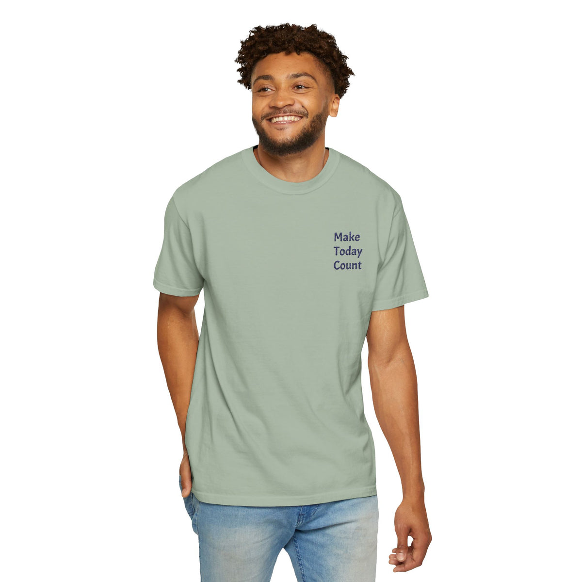 Printify Make Today Count T-Shirt with minimal design and inspirational message, featuring a simple pocket detail.
