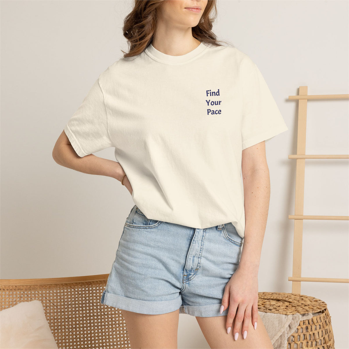 Find Your Pace T-Shirt with minimal motivational chest print, casual cotton tee by Printify featuring simple design.