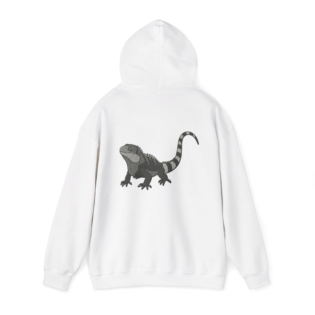 Large wildlife print hoodie featuring an iguana graphic from Wyldelife Collection, with a vibrant back design on a cozy hoodie.