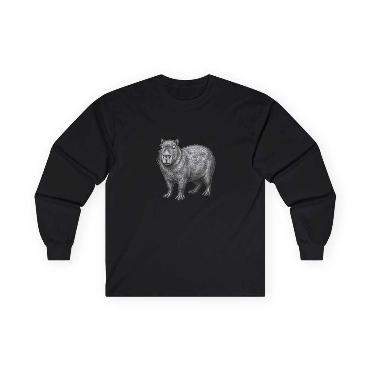 Printify Capybara long sleeve T-shirt featuring a wildlife graphic from WyldeLife collection, with detailed capybara illustration.