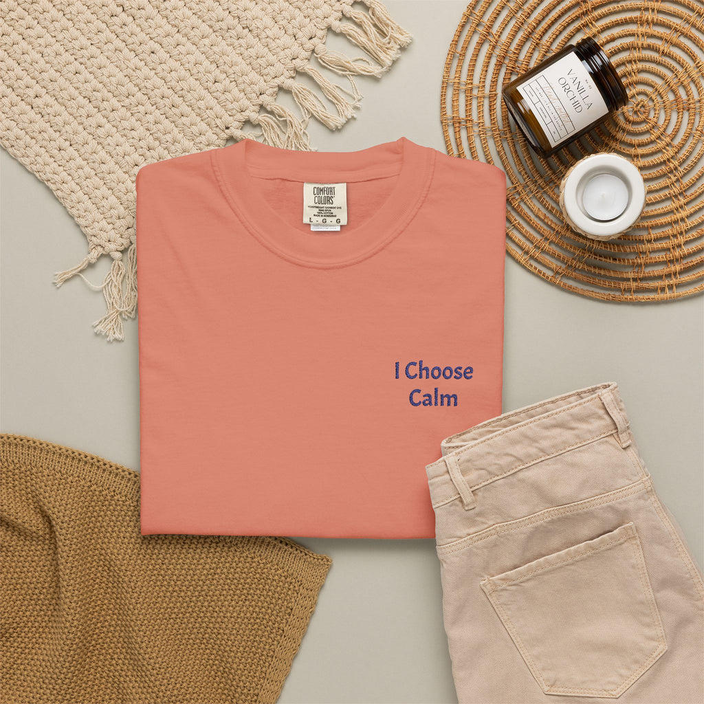 Light grey I Choose Calm T-Shirt by Printify featuring minimalist relaxation design on soft cotton fabric.