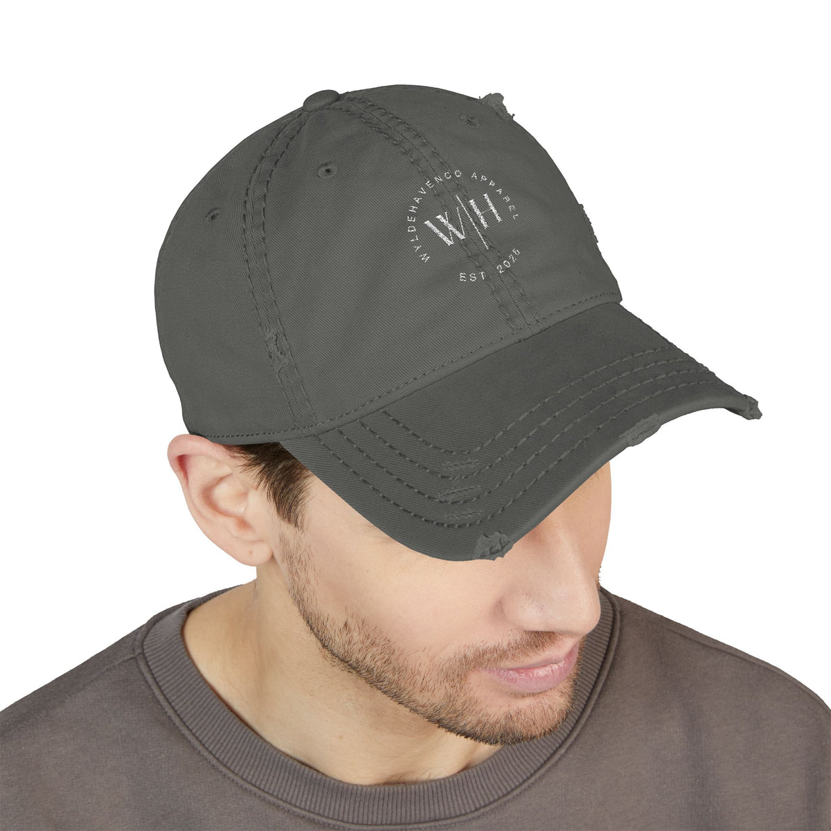 Distressed embroidered dad hat with vintage washed look, vintage baseball cap style by Printify, showing front detail and casual fit.