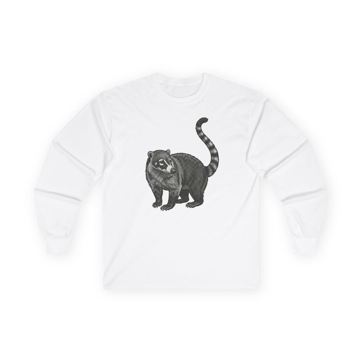 Printify Coati Long Sleeve T-Shirt with wildlife graphic, featuring a detailed coati design on comfortable long-sleeve apparel.
