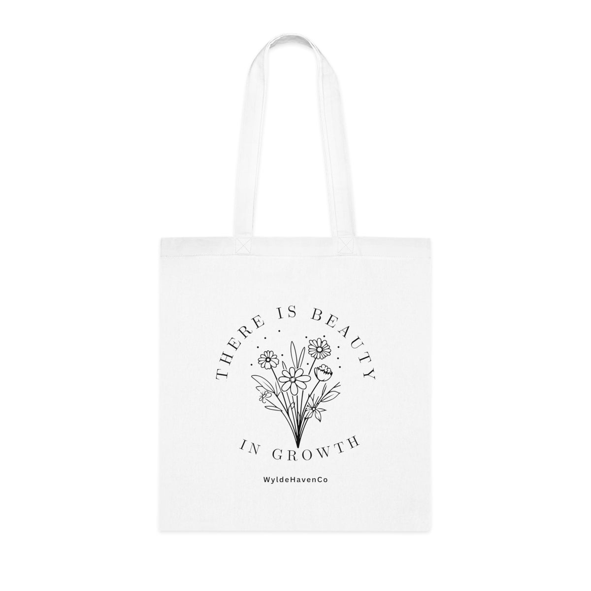 Floral cotton tote bag with "There Is Beauty In Growth" text, featuring vibrant flower designs on a durable bag.