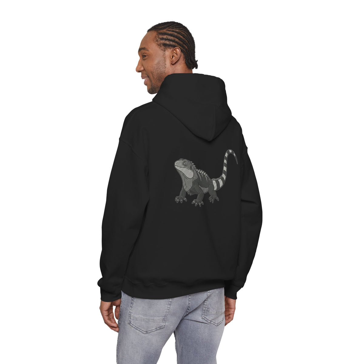 Large wildlife print hoodie featuring an iguana graphic from Wyldelife Collection, made by Printify, with a detailed reptile back design.