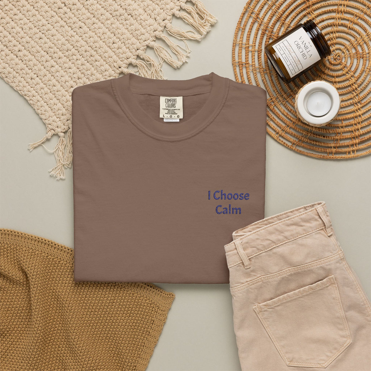 Light blue I Choose Calm T-Shirt by Printify featuring minimalist relaxation design on soft cotton fabric.