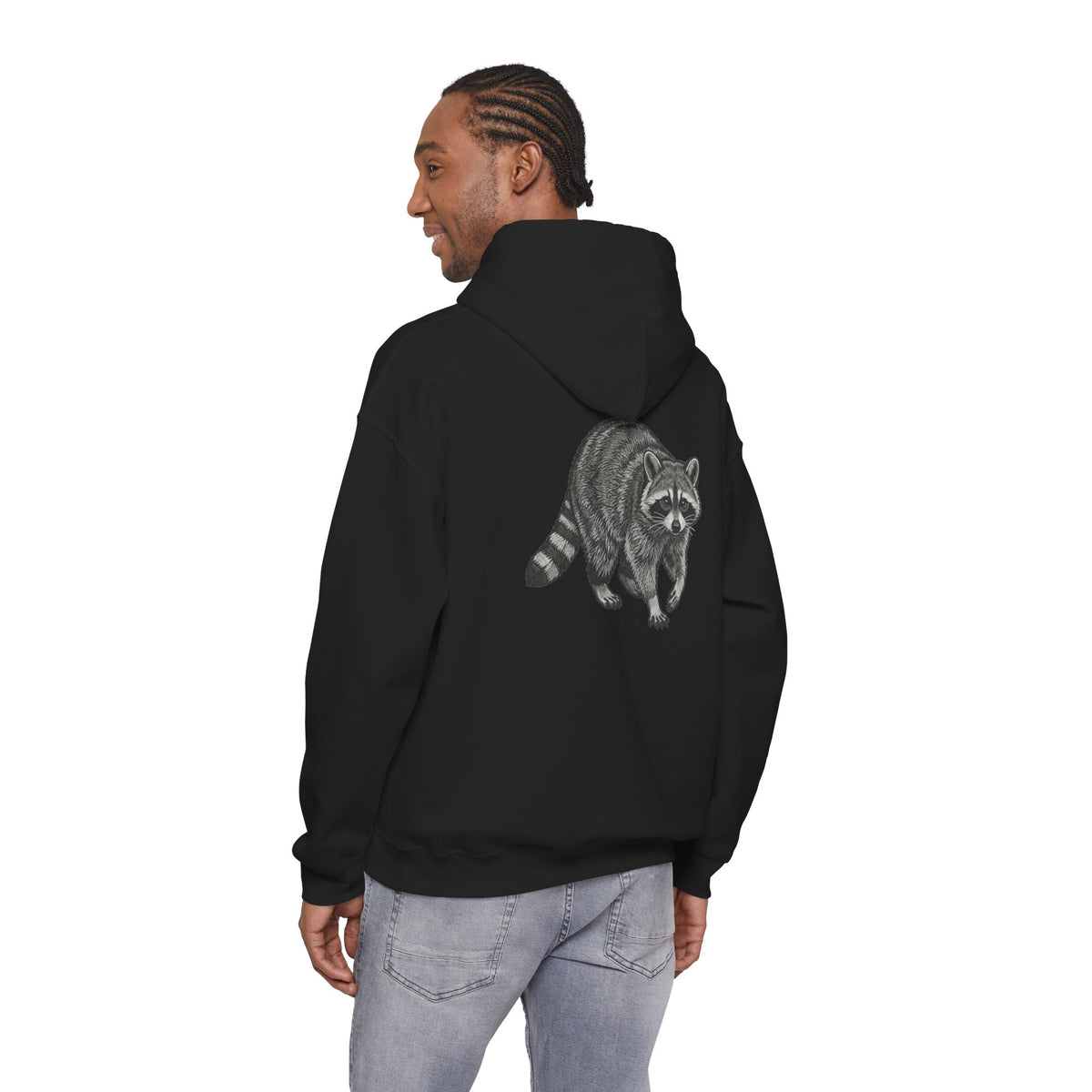 Vintage wildlife raccoon graphic hoodie from Printify featuring a detailed illustrated raccoon design on a cozy hooded sweatshirt.