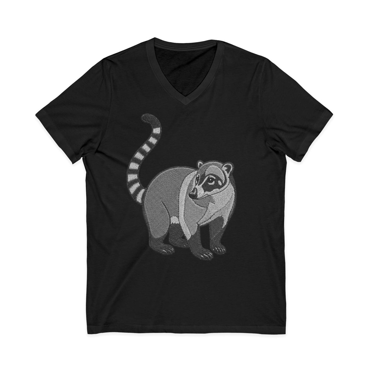 Charcoal Wyldelife Coati V-Neck T-Shirt with wildlife graphic from Printify, showcasing a detailed coati illustration on the front.
