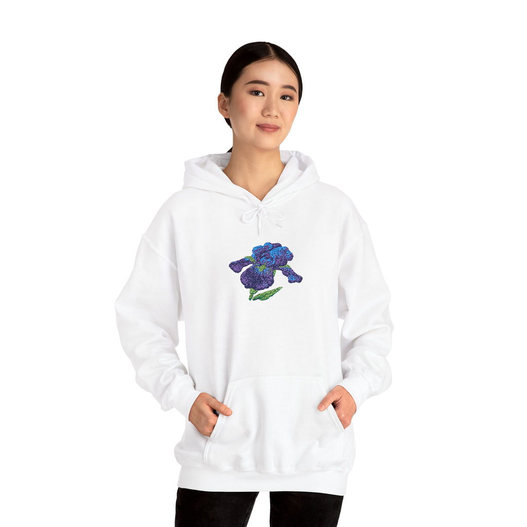 Embroidered iris flower hoodie by Printify featuring a center front floral design and comfortable casual fit.