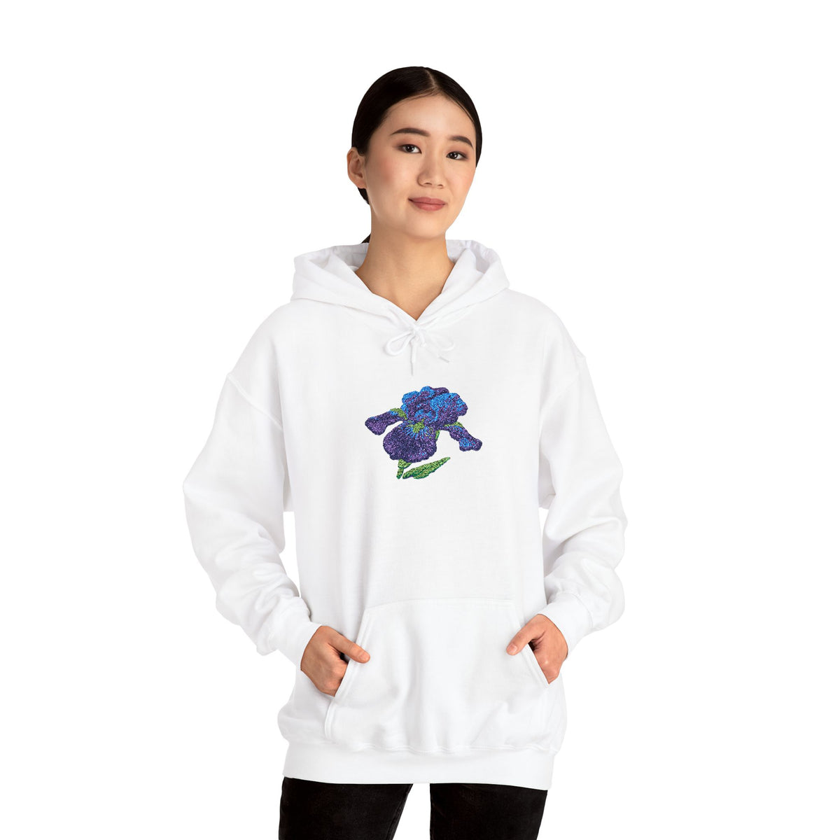 Embroidered iris flower hoodie by Printify featuring a center front floral design and comfortable casual fit.