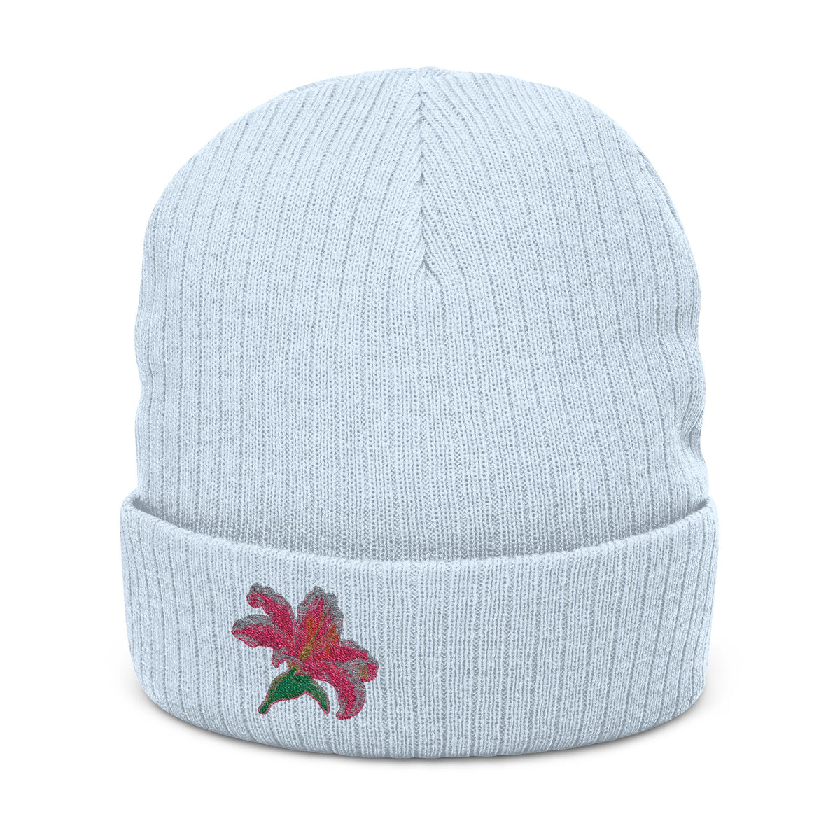 Embroidered Lily Beanie Hat by WyldeHaven Apparel, soft knit winter hat with floral embroidery, unisex design.