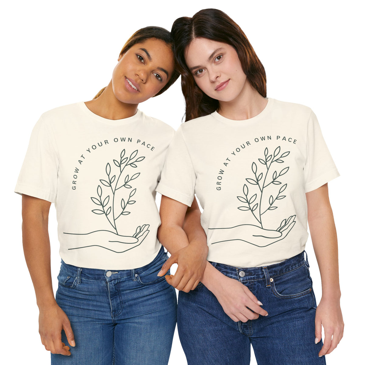 Minimal botanical T-shirt by Printify featuring "Grow At Your Own Pace" slogan on a soft cotton fabric.