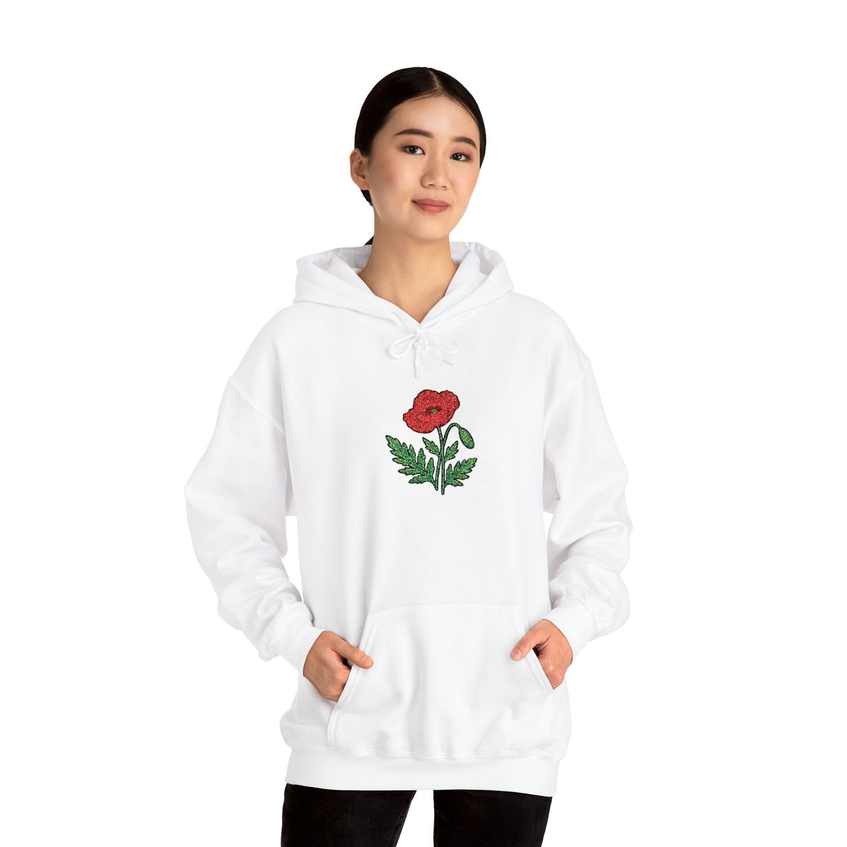 Red hoodie with embroidered red poppy floral design on the center front by Printify.