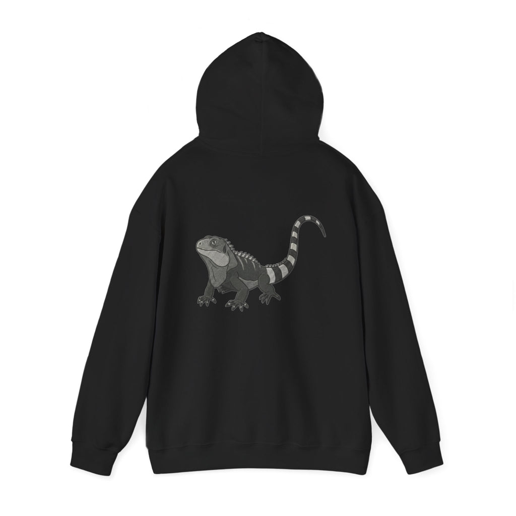 Black hoodie with large iguana graphic print on the back, from Wyldelife Collection by Printify.