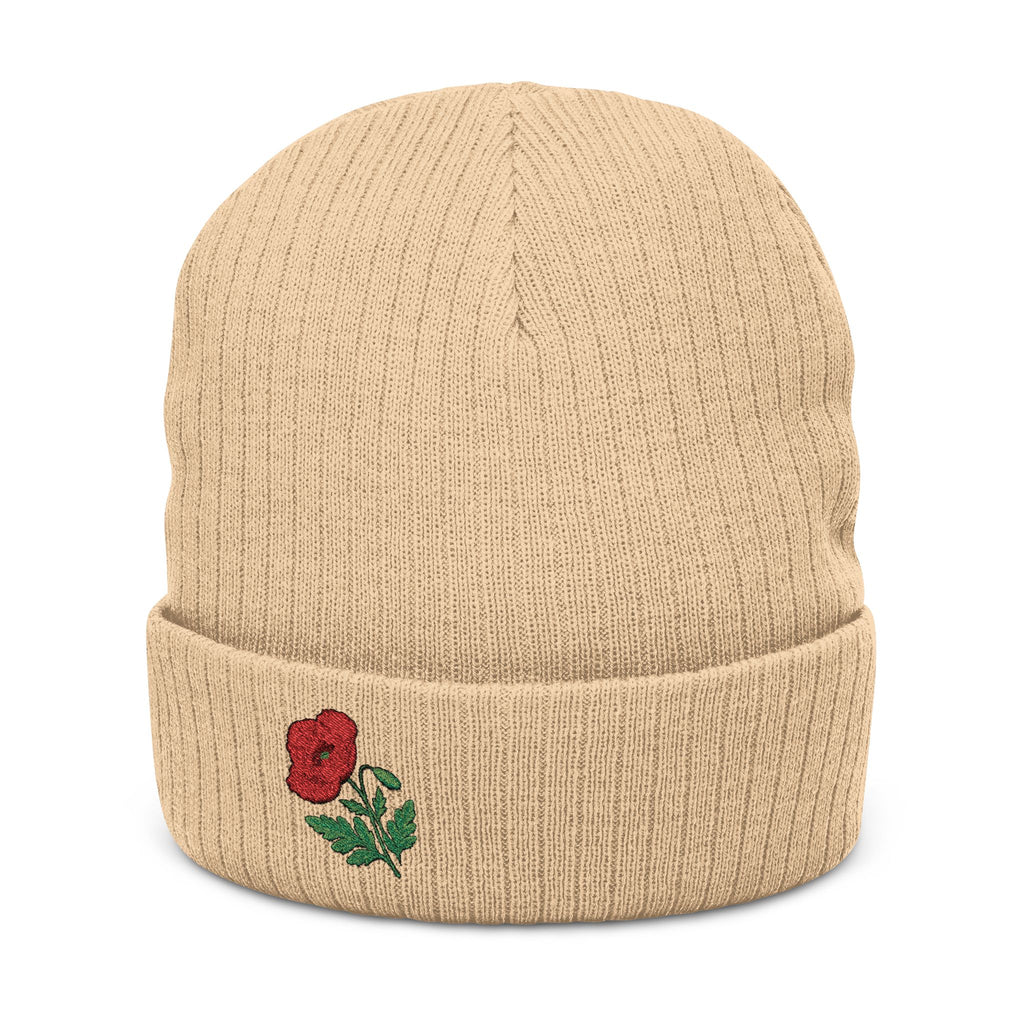 Soft knit embroidered poppy beanie hat featuring floral design, unisex winter hat from WyldeHaven Apparel, perfect for everyday wear.