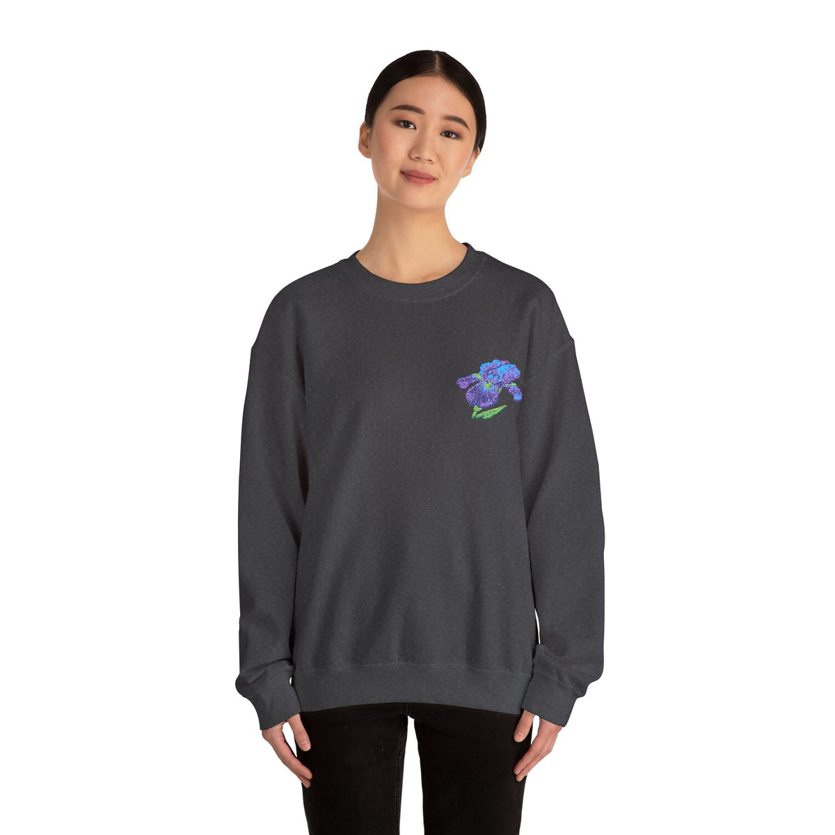 Unisex embroidered Iris sweatshirt with floral design on the left chest, featuring colorful flower embroidery on a cozy sweatshirt.