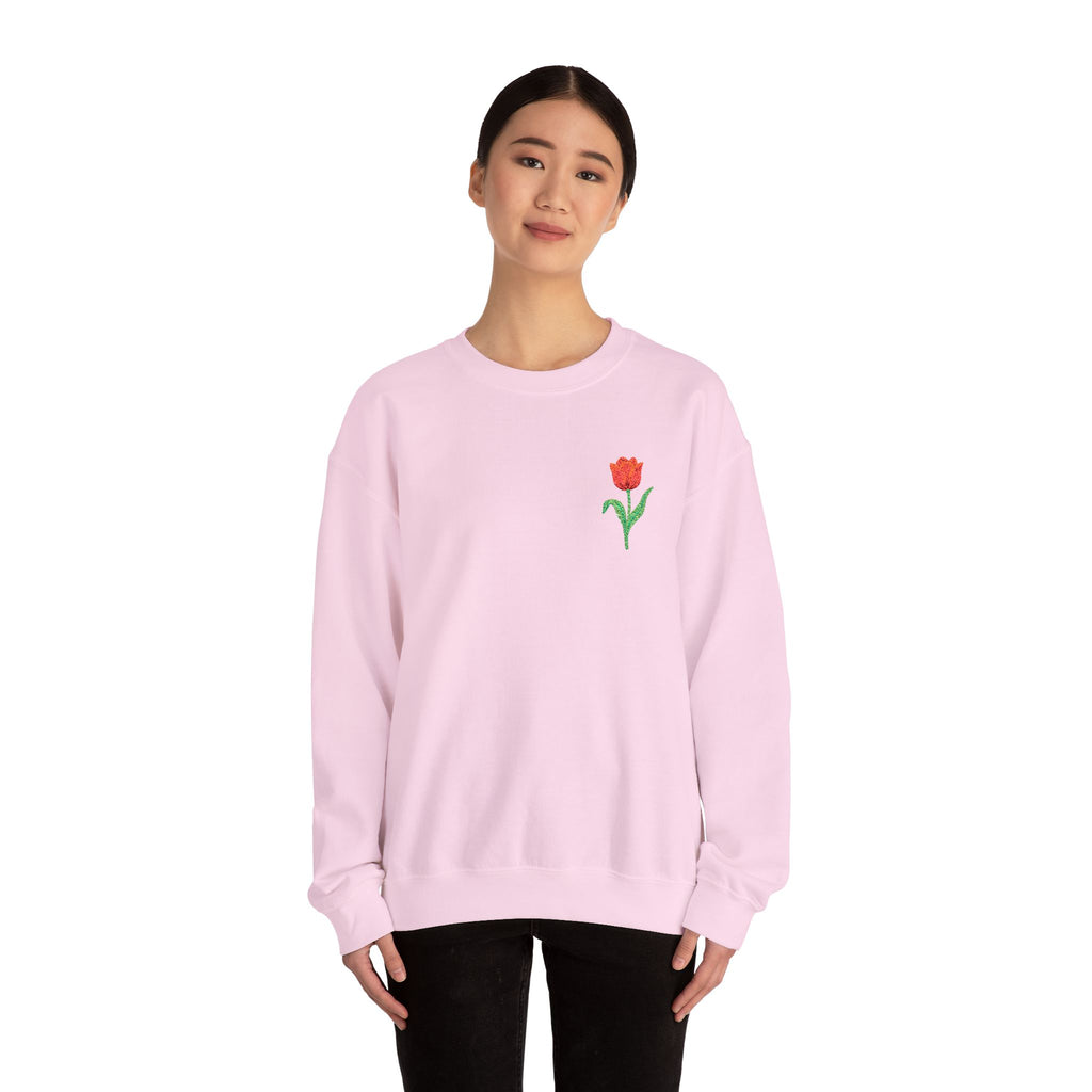 Unisex embroidered tulip sweatshirt with floral design on the left chest, made by Printify, casual and stylish unisex jumper.