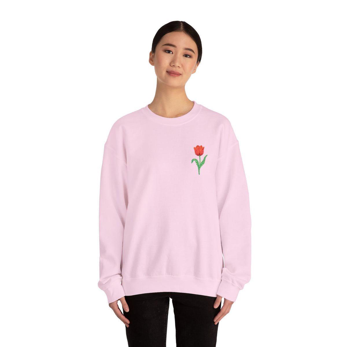 Unisex embroidered tulip sweatshirt with floral design on the left chest, made by Printify, casual and stylish unisex jumper.