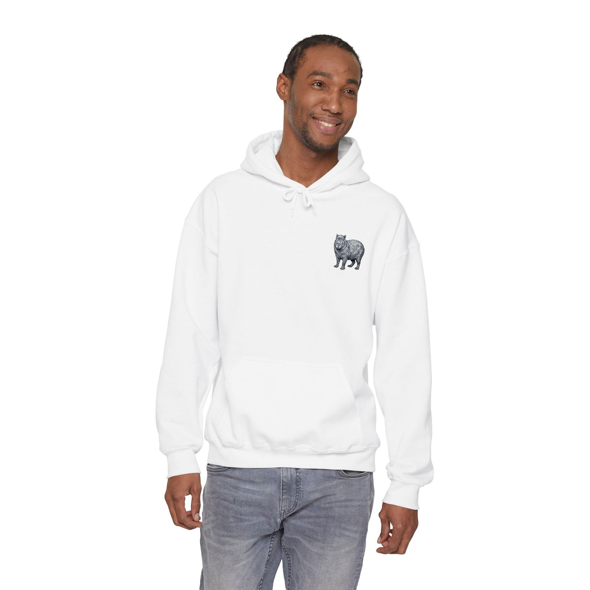 Capybara embroidered hoodie from Wyldelife Collection, featuring detailed wildlife embroidery on a cozy Printify hoodie.