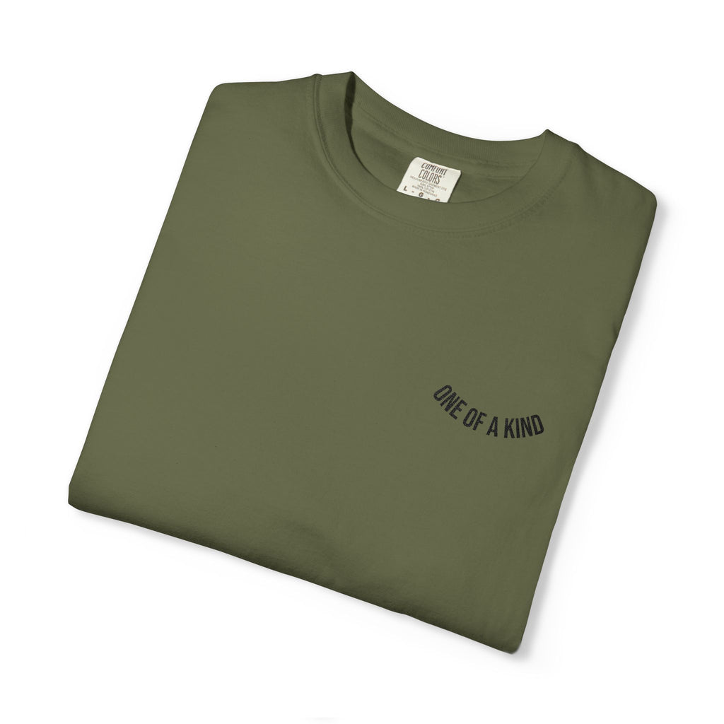 Black "One of a Kind" Chest Logo T-Shirt by Printify, featuring a minimalist design with a chest logo on soft cotton fabric.