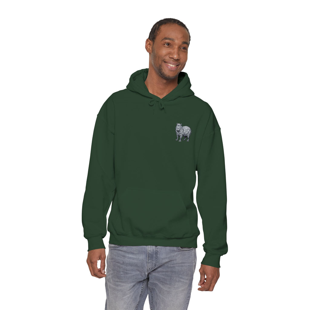 Printify Capybara embroidered hoodie from Wyldelife Collection featuring a wildlife design on a cozy hoodie.