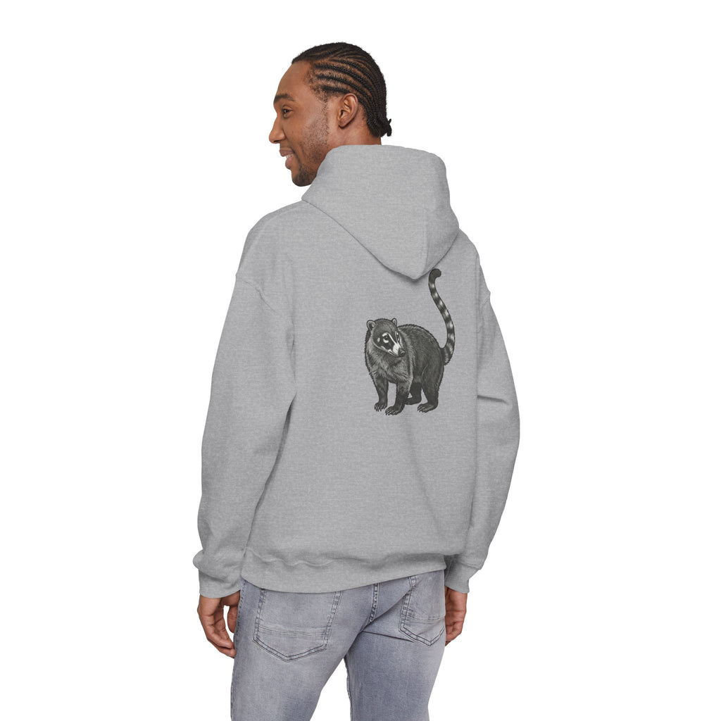 Printify Coati graphic hoodie with large wildlife back print from Wyldelife Collection, featuring a cozy hoodie with detailed coati illustration.