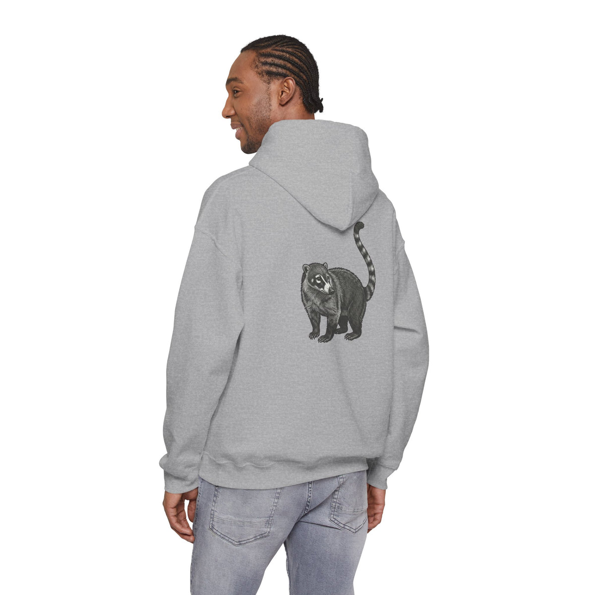 Printify Coati graphic hoodie with large wildlife back print from Wyldelife Collection, featuring a cozy hoodie with detailed coati illustration.