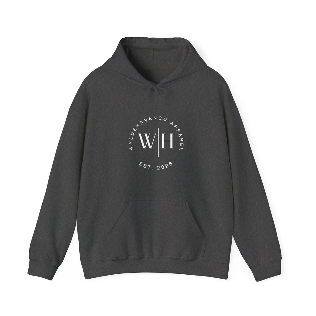 Gray Monogram Circle Hoodie by WyldeHaven Apparel featuring a stylish logo design on the front, made by Printify.