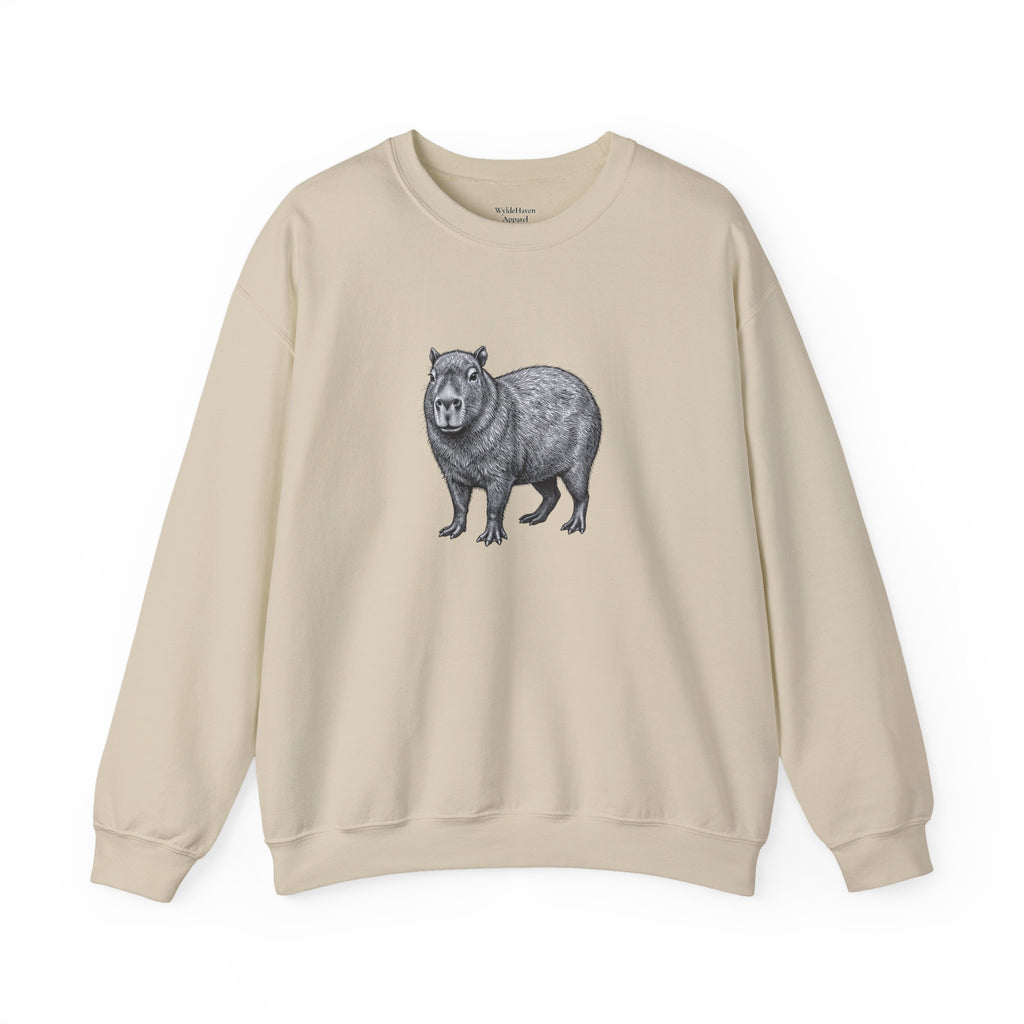 Capybara graphic sweatshirt from Wyldelife Collection featuring wildlife art on a comfortable Printify sweatshirt.