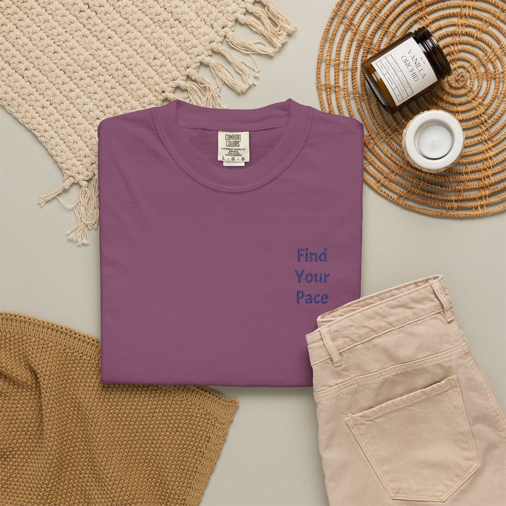 Gray Find Your Pace T-Shirt by Printify with minimal motivational chest print, casual fit, and soft fabric for everyday wear.